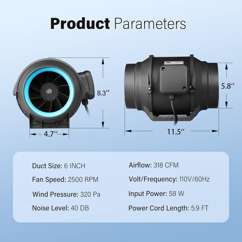 I-Power 6 Inch 318 CFM Inline Duct Ventilation Fan Combo, for Grow Tent, Black - Image 5
